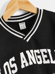 SHEIN 青年男孩字母圖形條紋修剪運動衫 - 黑色 - 查看 3