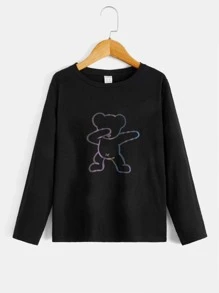 SHEIN Áo thun nam dệt kim dài tay cổ tròn có in hình gấu nhỏ phản quang - màu đen - Xem 5