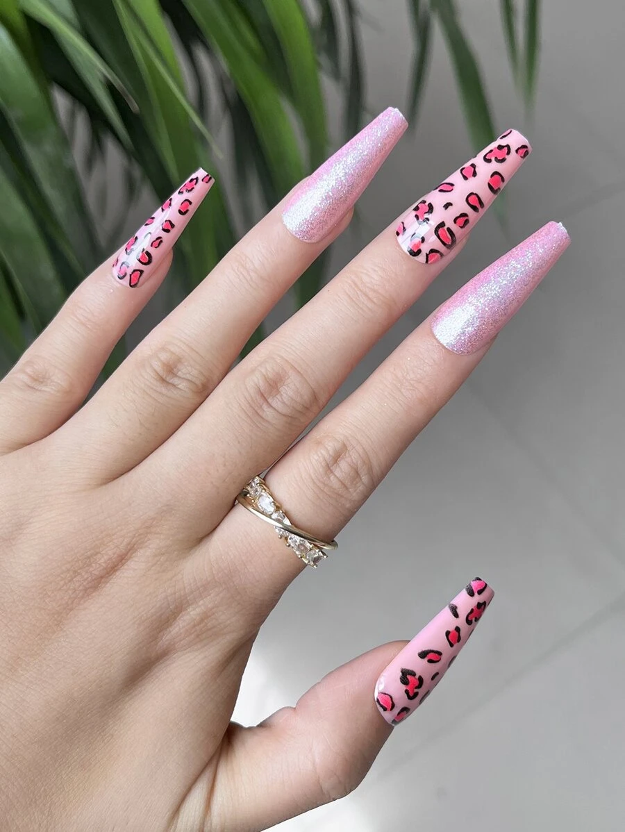 VV MEI JIA ER 20入組長款棺材豹紋印花假指甲和1入組指甲銼和1張指甲織帶 - 粉色 - 查看 1