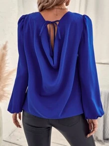 SHEIN Clasi 垂墜後綁帶燈籠袖襯衫 - 寶藍色 - 查看 5