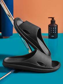 Men Lightweight Cut Out Single Band Slides - Black - View 4