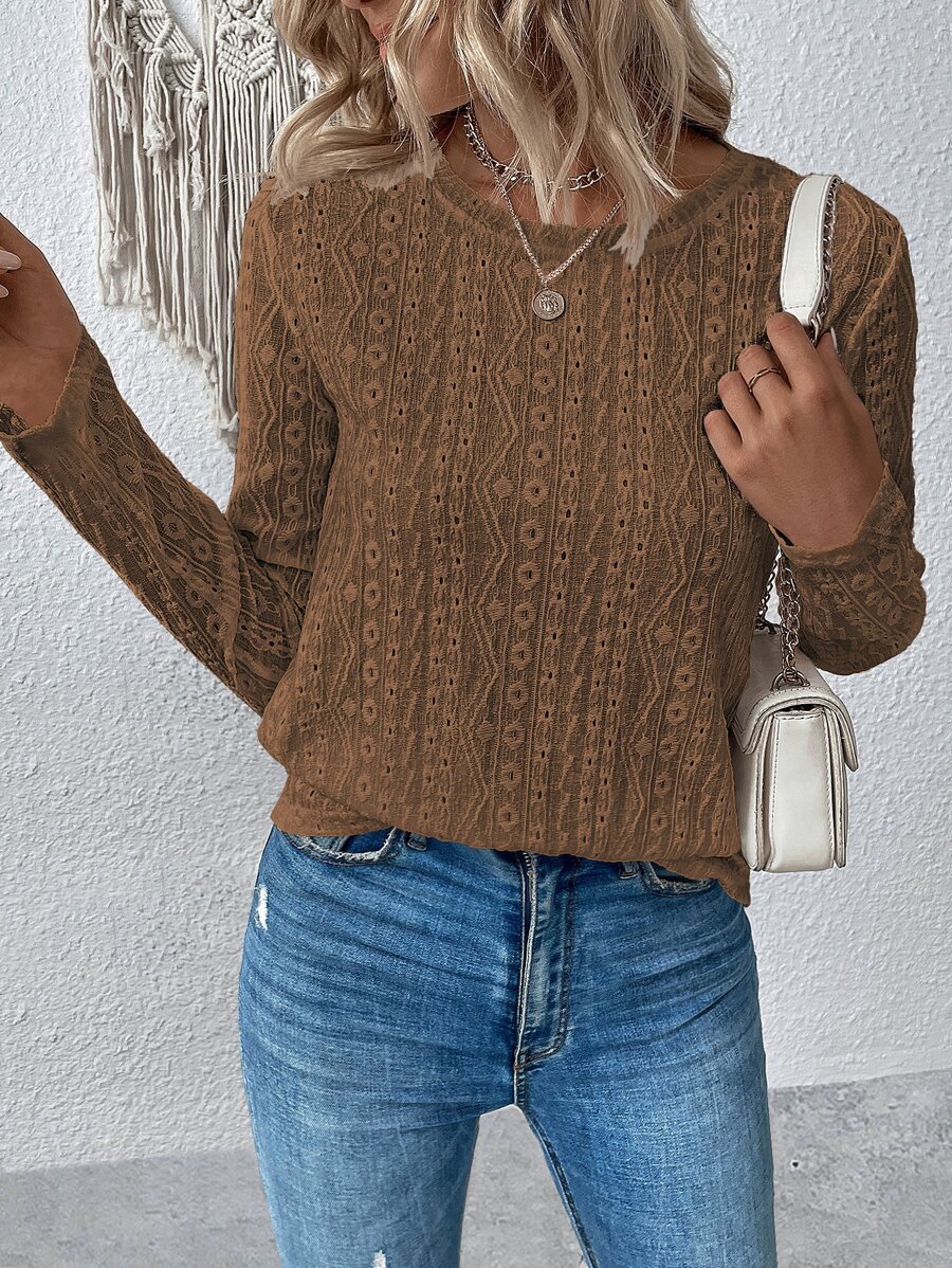 SHEIN LUNE 素色網眼刺繡T恤 - 棕色 - 查看 1