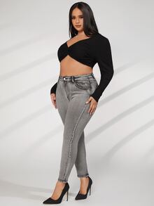 Plus Zip Fly Skinny Jeans - Grey - View 4