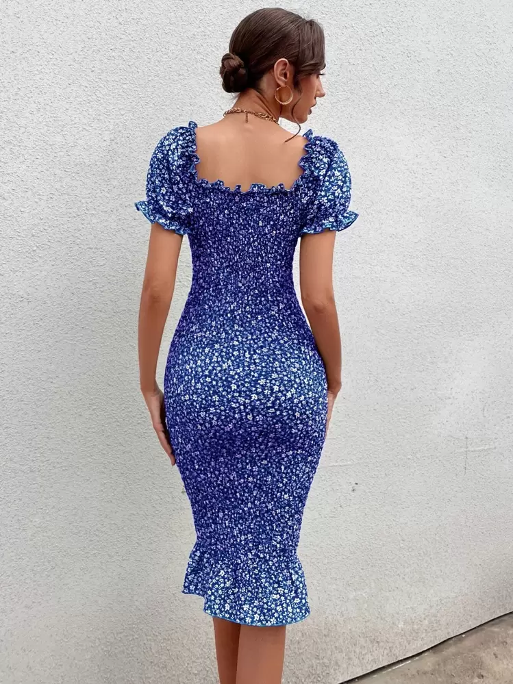 blue floral chiffon puff sleeve ruched bodycon dress ASOS LUXE puff sleeve ruched chiffon mini dress in blue floral print