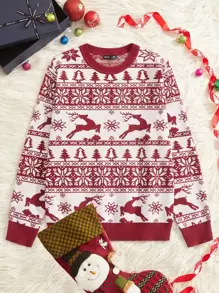 Manfinity VCAY 男士圣诞树和麋鹿图案毛衣，秋冬适用 - 紅白色 - 查看 1