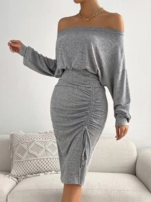 SHEIN Privé Vestido de hombros descubiertos fruncido de muslo con abertura - Gris Claro - Ver 6
