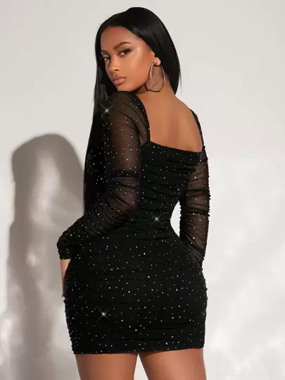 SHEIN SXY Vestido ajustado de cuello cuadrado fruncido con lentejuelas de malla