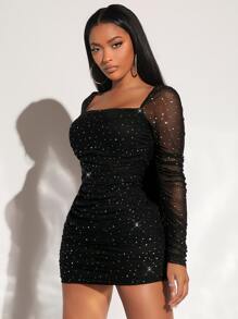 SHEIN SXY Prom Dress;Square Neck Ruched Sequin Mesh Bodycon Dress