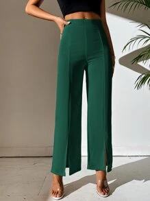 SHEIN PETITE Pantalones rectos bajo con abertura - Verde Oscuro - Ver 3