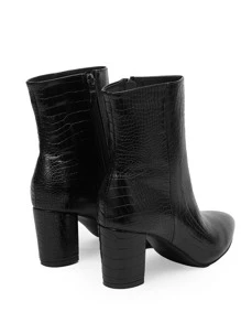 Women's Chunky Heel Pointed Toe Ankle Boots, Animal Print Black Boots With Side Zipper, Fall & Winter