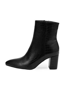 Women's Chunky Heel Pointed Toe Ankle Boots, Animal Print Black Boots With Side Zipper, Fall & Winter