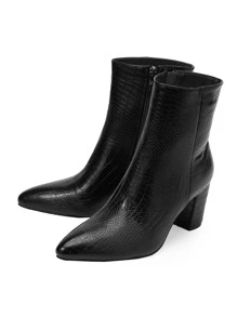 Women's Chunky Heel Pointed Toe Ankle Boots, Animal Print Black Boots With Side Zipper, Fall & Winter