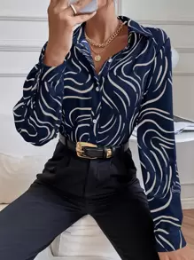 Opuloom Allover Print Shirt,Long Sleeve Tops Fall Cloth For Women - Blue - View 1