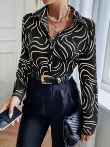 SHEIN Clasi 满版印花衬衫、长袖上衣 - 黑色 - 查看 6