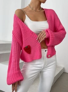 Strawberry Embroidery Drop Shoulder Cardigan - Hot Pink - View 4