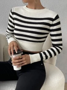 Chiquease Stripe Pattern Ribbed Knit Crop Jumper - Black and White - View 1