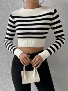 Chiquease Stripe Pattern Ribbed Knit Crop Jumper - Black and White - View 4