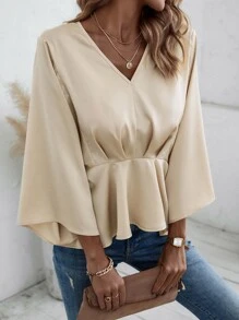 SHEIN LUNE Solid V Neck Peplum Blouse - Apricot - View 1
