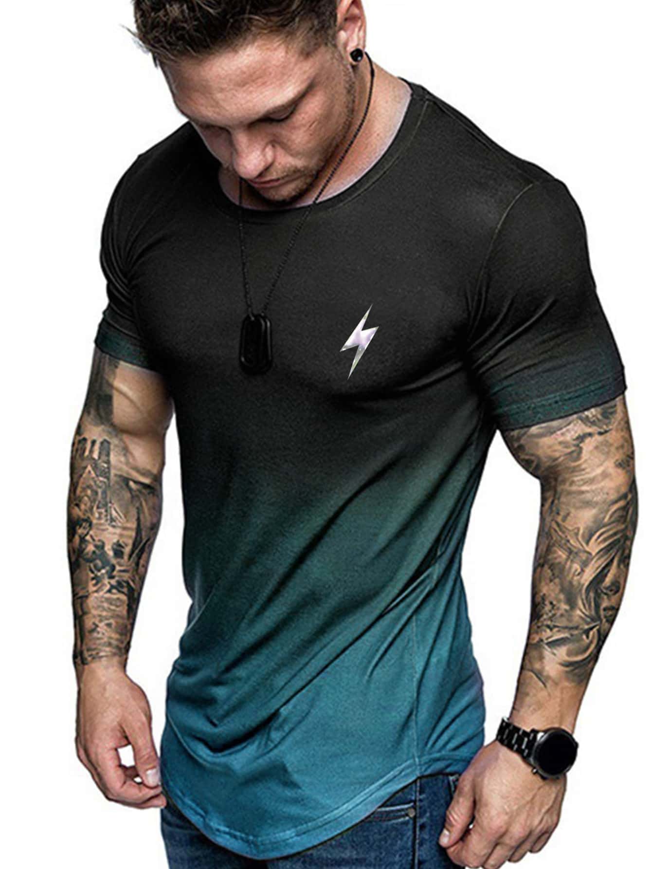 Manfinity Running Men Lightning Print Ombre Sports Tee Workout Tops Workout Tops - Multicolor - View 1