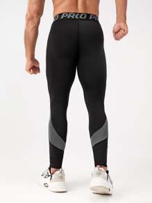 Men Colourblock Letter Graphic Sports Tights - Black - View 2