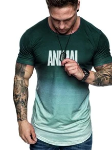 Fitness Boyfriend Style Men Letter Graphic Ombre Sports Tee - Green - View 3