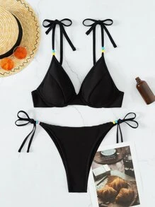Ribbed Bikini Set Bead Decor Underwire Triangle Bra & Tie Side Thong 2 Piece Bathing Suit - Black - View 8