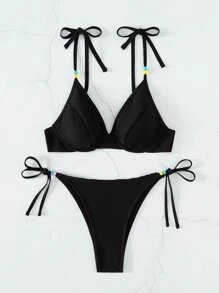 Ribbed Bikini Set Bead Decor Underwire Triangle Bra & Tie Side Thong 2 Piece Bathing Suit - Black - View 4