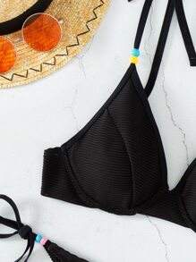 Ribbed Bikini Set Bead Decor Underwire Triangle Bra & Tie Side Thong 2 Piece Bathing Suit - Black - View 5