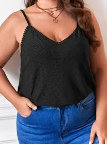 SHEIN Frenchy Plus Embroidery Mesh Cami Top - Black - View 3