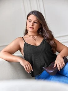 SHEIN Frenchy Plus Embroidery Mesh Cami Top - Black - View 7