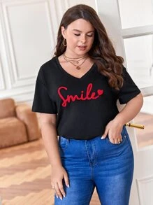 SHEIN Frenchy Áo thun Plus size Đắp vá Tim Lá thư Giải trí - màu đen - Xem 2