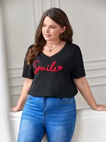 SHEIN Frenchy Áo thun Plus size Đắp vá Tim Lá thư Giải trí - màu đen - Xem 4