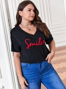 SHEIN Frenchy Áo thun Plus size Đắp vá Tim Lá thư Giải trí - màu đen - Xem 5