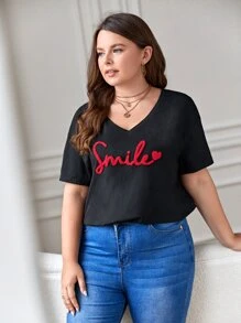 SHEIN Frenchy Áo thun Plus size Đắp vá Tim Lá thư Giải trí - màu đen - Xem 6