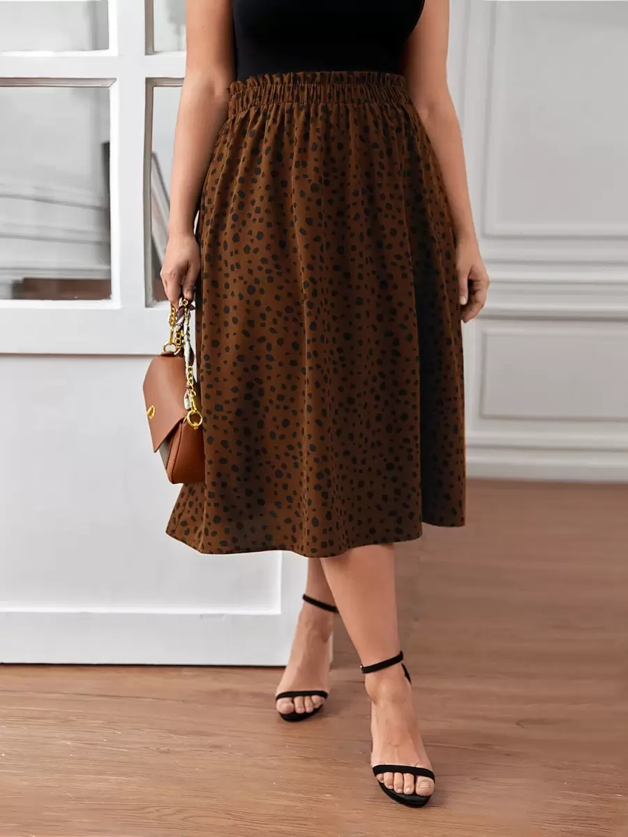 SHEIN Frenchy Plus Dalmatian Print Paper Bag Waist Skirt Spring To Summer - Coffee Brown - View 1