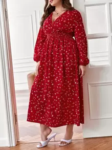 SHEIN Frenchy 大碼碎花燈籠袖連衣裙 - 紅色 - 查看 1