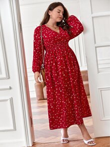 SHEIN Frenchy 大碼碎花燈籠袖連衣裙 - 紅色 - 查看 3