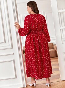 SHEIN Frenchy 大碼碎花燈籠袖連衣裙 - 紅色 - 查看 5