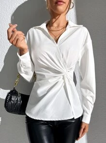 SHEIN Privé Solid Twist Front Shirt - White - View 4