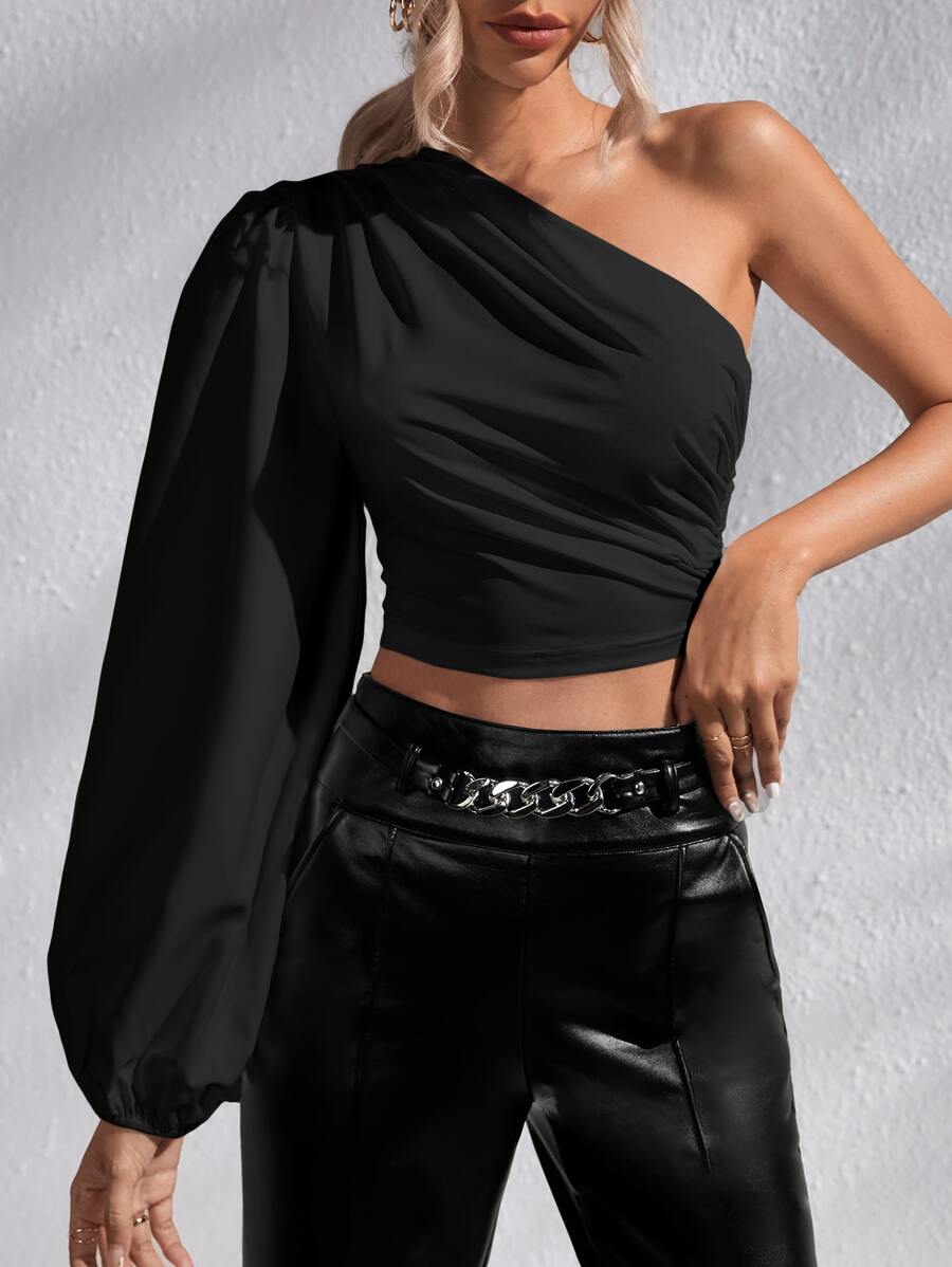 Firerie One Shoulder Lantern Sleeve Crop Blouse - Black - View 1