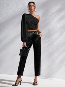 Firerie One Shoulder Lantern Sleeve Crop Blouse - Black - View 3