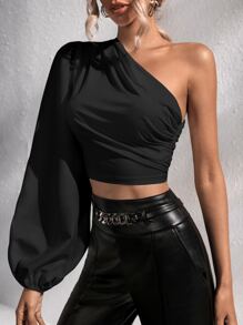 Firerie One Shoulder Lantern Sleeve Crop Blouse - Black - View 4