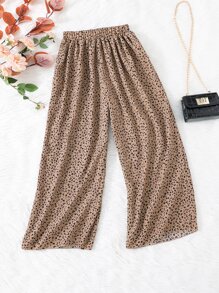 Girls Leopard Print Elastic Waist Trousers - Coffee Brown - View 1