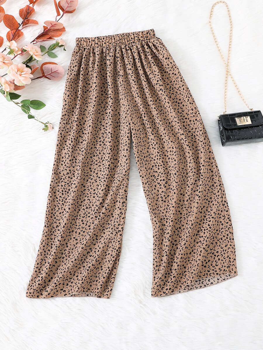 Girls Leopard Print Elastic Waist Trousers - Coffee Brown - View 1