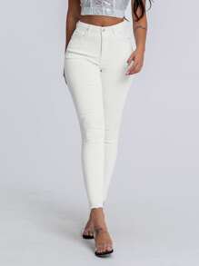 SHEIN Essnce Curvy High Stretch Raw Hem Skinny Jeans - White - View 4