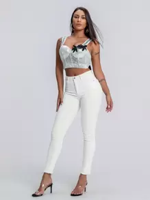 SHEIN Essnce Curvy High Stretch Raw Hem Skinny Jeans - White - View 3