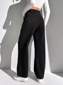 Quần jean nữ Nút Túi Dây kéo Hoa Slogan - màu đen - Xem 2