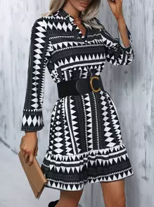 SHEIN LUNE Geo Print Notched Neck Ruffle Hem Dress Without Belt - Black and White - View 3