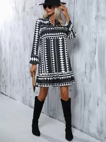 SHEIN LUNE Geo Print Notched Neck Ruffle Hem Dress Without Belt - Black and White - View 4