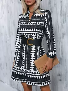 SHEIN LUNE Geo Print Notched Neck Ruffle Hem Dress Without Belt - Black and White - View 6